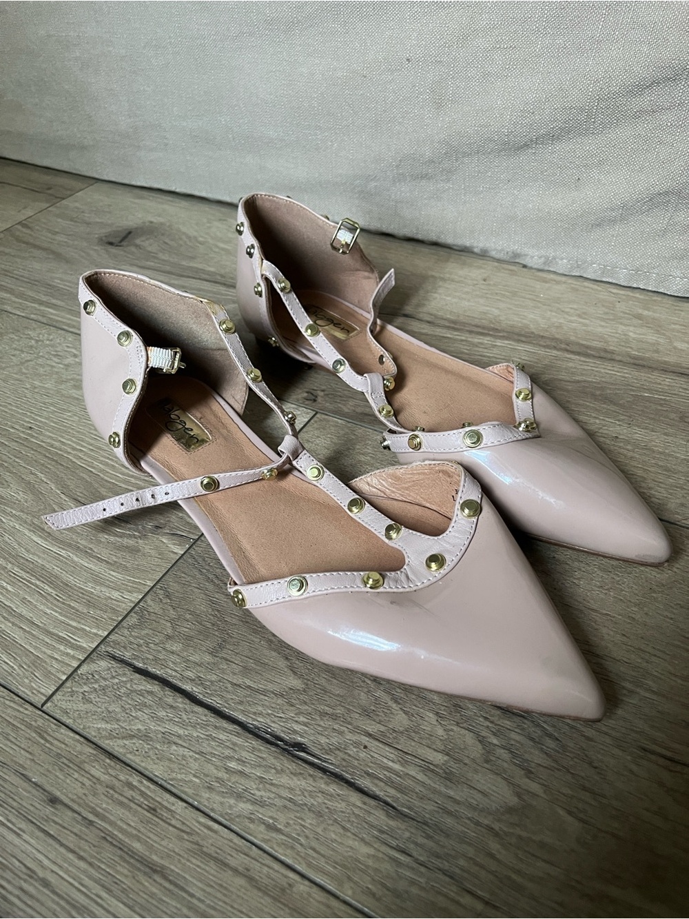 Halogen Blush Pink Pointed-Toe Studded T-Strap Flats
